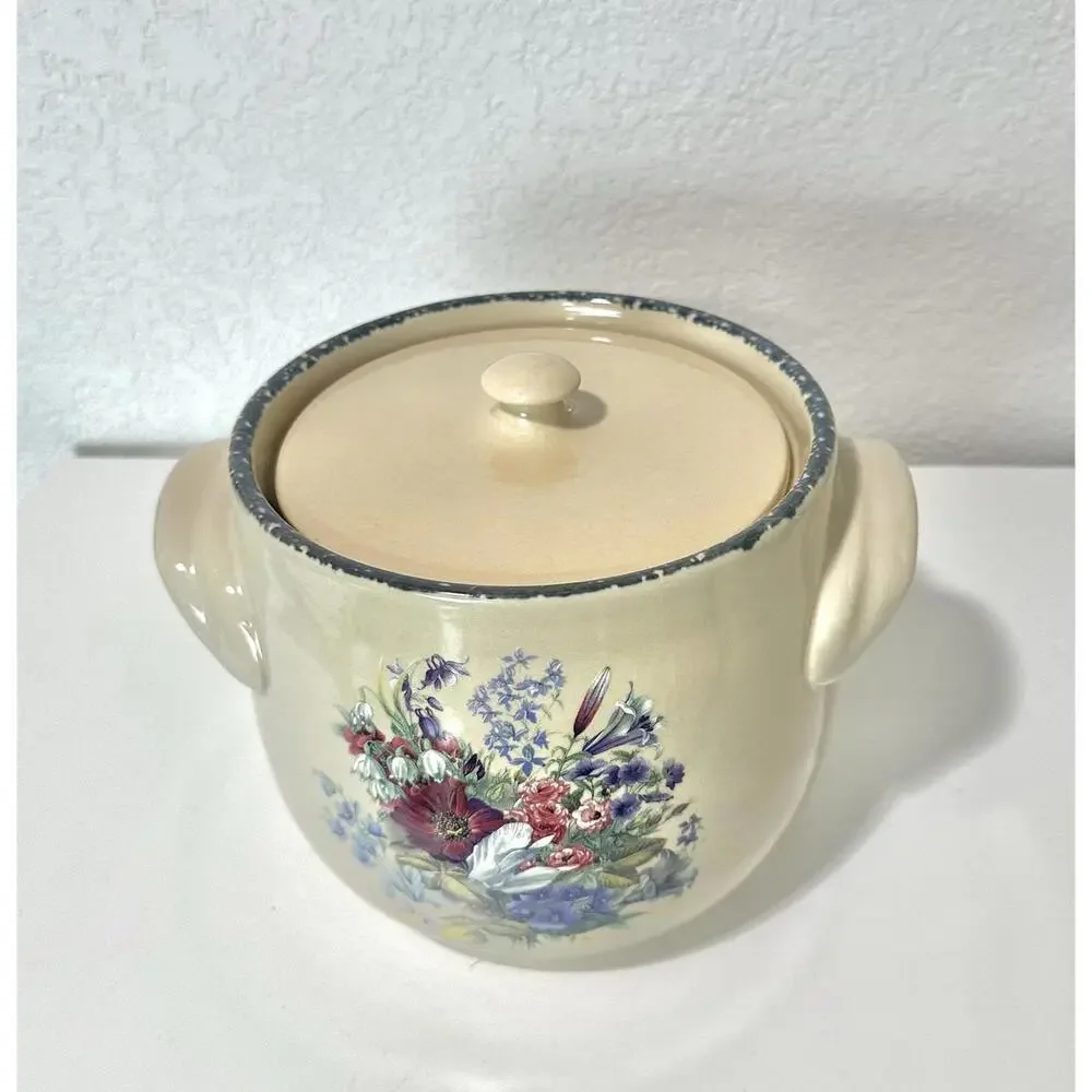 Home & Garden Party Lg Stoneware Ceramic Pot with Handles Lid and Floral Design - Picture 2 of 16